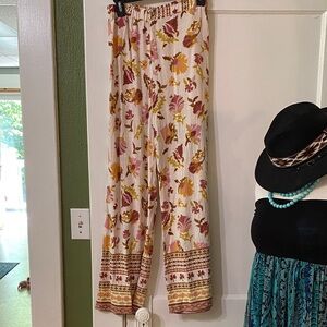 Good Luck Gem Boho Wide-Leg Pants in Cream with Pink & Mustard Floral